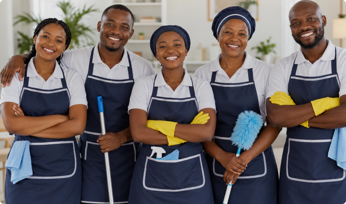 Five smiling domestic professionals in white shirts and navy aprons, ready to support your home