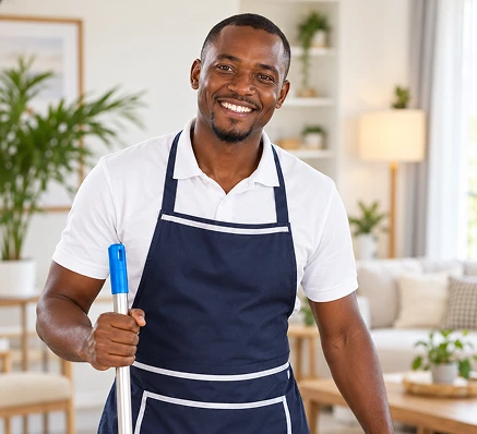 A smiling domestic professional holding a mop